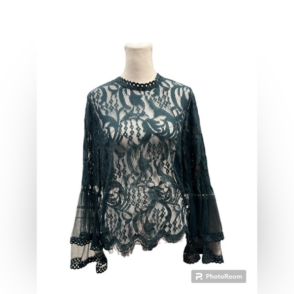 Ultra Pink Hunter Green Mock sleeve Lace Sheer Bell Sleeve Boho Top Size Large - Picture 1 of 5